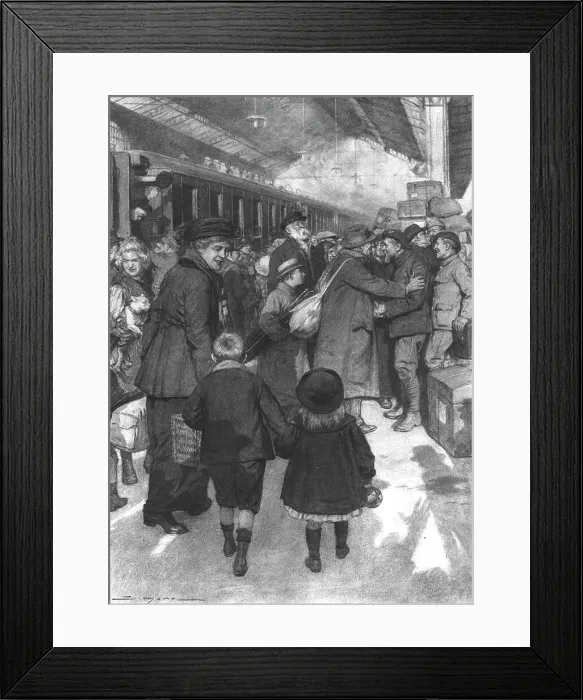 Framed Print : Rapatries; l'arrivee d'un train a Evian: des territoriaux de service sur le quai sont... 1917. Creator: J Simont Framed Print : Rapatries; l'arrivee d'un train a Evian: des territoriaux de service sur le quai sont... 1917. Creator: J Simont