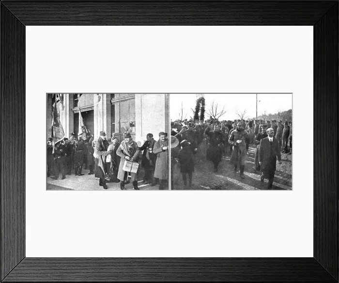 Framed Print : La Suisse hospitaliere; l'arrivee a Leysin, le 27 janvier 1916, des premiers prisonniers francais.. Creator: Unknown Framed Print : La Suisse hospitaliere; l'arrivee a Leysin, le 27 janvier 1916, des premiers prisonniers francais.. Creator: Unknown
