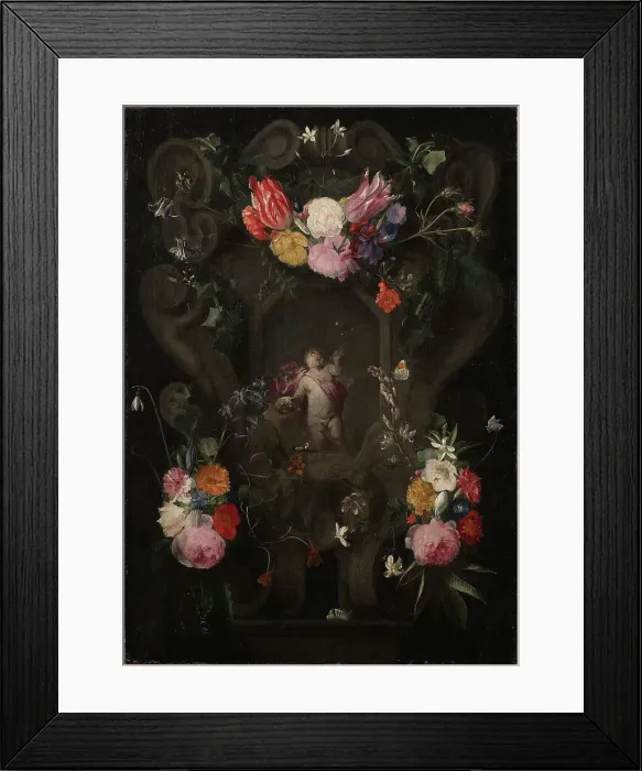 Framed Print : Flowers Around a Cartouche with an Image of Putto. Creator: Unknown Framed Print : Flowers Around a Cartouche with an Image of Putto. Creator: Unknown