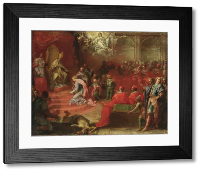 Framed Print : Allegory of Queen Christina's submission to the Catholic Church... early 18th century. Creator: Angelo Trevisani Framed Print : Allegory of Queen Christina's submission to the Catholic Church... early 18th century. Creator: Angelo Trevisani