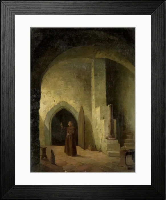 Framed Print : A monk in a cellar, holding a glass, 1800-1900. Creator: F. Taupel Framed Print : A monk in a cellar, holding a glass, 1800-1900. Creator: F. Taupel