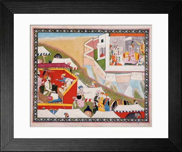 Framed Print : Hamir Receives Mehma, Folio from a Hamir Hath, c1840. Creator: Unknown Framed Print : Hamir Receives Mehma, Folio from a Hamir Hath, c1840. Creator: Unknown