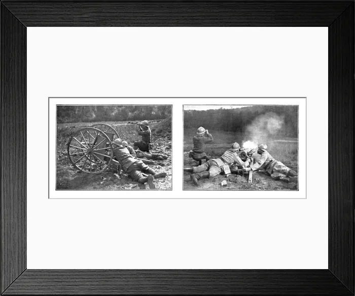 Framed Print : L'Outillage Ennemi et le Notre; La manoeuvre de notre canon de 37, sur roues ou sur affut, 1918. Creator: Unknown Framed Print : L'Outillage Ennemi et le Notre; La manoeuvre de notre canon de 37, sur roues ou sur affut, 1918. Creator: Unknown