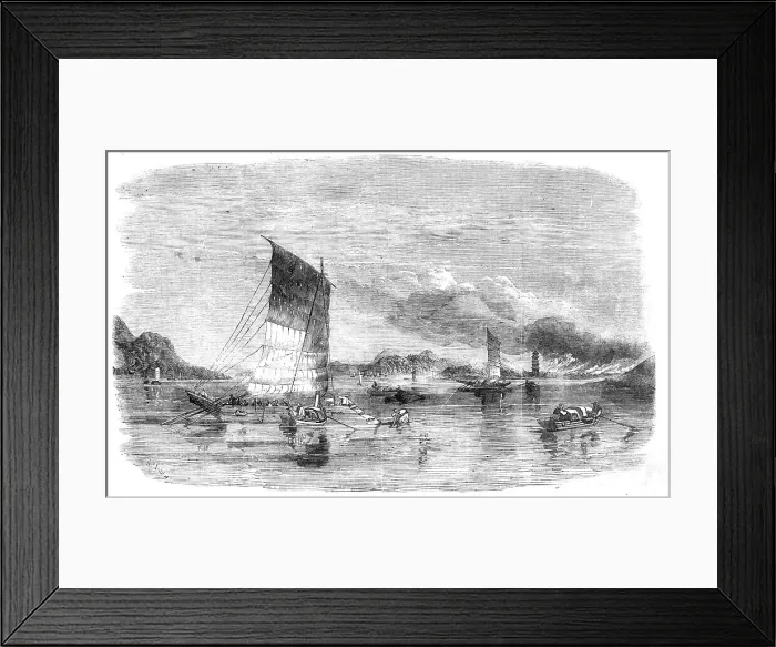 Framed Print : Bombardment of Canton: the Suburbs on Fire - from a sketch by an officer engaged in the... 1857. Creator: Unknown Framed Print : Bombardment of Canton: the Suburbs on Fire - from a sketch by an officer engaged in the... 1857. Creator: Unknown
