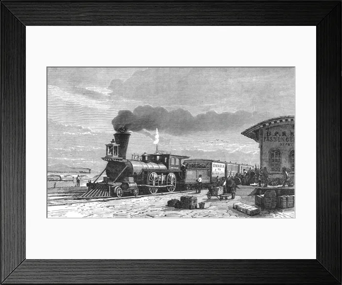Framed Print : The Railway Station at Omaha; Ocean to Ocean, the Pacific railroad, 1875. Creator: Frederick Whymper Framed Print : The Railway Station at Omaha; Ocean to Ocean, the Pacific railroad, 1875. Creator: Frederick Whymper
