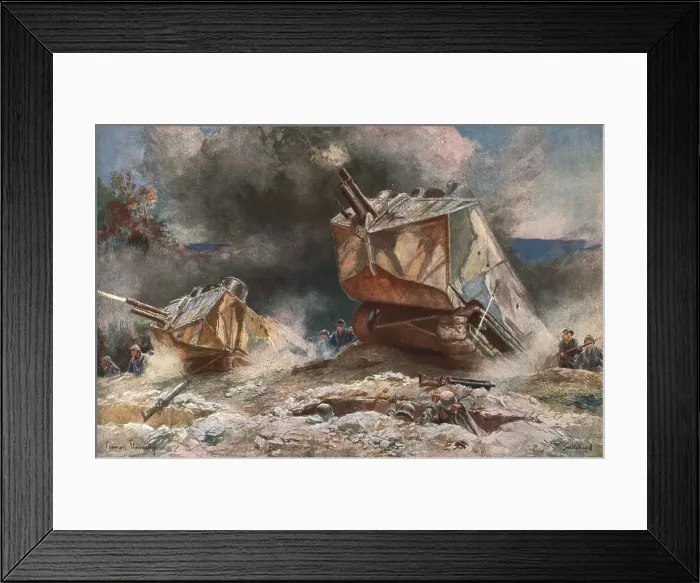 Framed Print : Sur les Champs de Bataille de 1918; les chars d'assaut, 1918. Creator: Francois Flameng Framed Print : Sur les Champs de Bataille de 1918; les chars d'assaut, 1918. Creator: Francois Flameng