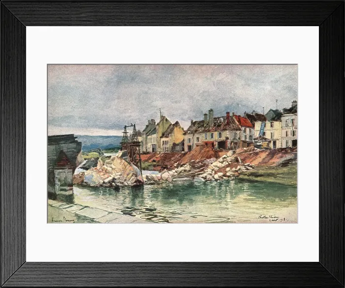 Framed Print : Sur les Champs de Bataille de 1918; le pont detruit de Chateau-Tierry, 1918. Creator: Francois Flameng Framed Print : Sur les Champs de Bataille de 1918; le pont detruit de Chateau-Tierry, 1918. Creator: Francois Flameng