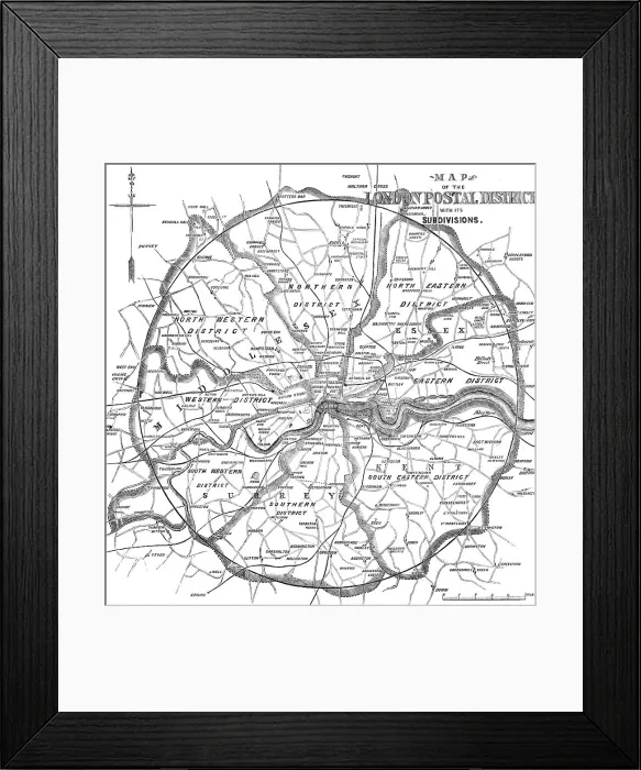 Framed Print : Map of the London Postal District with its Subdivisions, 1857. Creator: Unknown Framed Print : Map of the London Postal District with its Subdivisions, 1857. Creator: Unknown