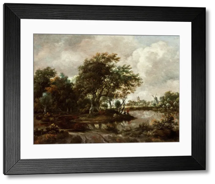 Framed Print : Landscape with Anglers and a Distant Town, between c1664 and c1665. Creator: Meindert Hobbema