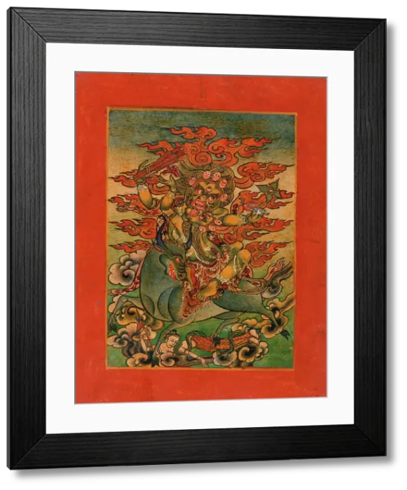 Framed Print : Yellow Yama (?) and Consort on Bull, Nyingmapa Buddhist or Bon Ritual Card, 18th-19th century. Creator: Unknown Framed Print : Yellow Yama (?) and Consort on Bull, Nyingmapa Buddhist or Bon Ritual Card, 18th-19th century. Creator: Unknown