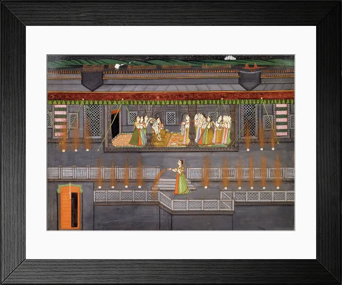Framed Print : Krishna and Radha Enjoying a Feast and Fireworks, early 19th century. Creator: Unknown Framed Print : Krishna and Radha Enjoying a Feast and Fireworks, early 19th century. Creator: Unknown