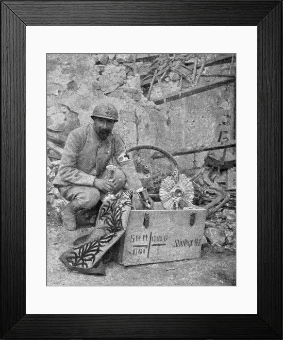 Framed Print : A travers le champ de bataille; apres notre reoccupation de Breny (Aisne), un pretre... 1918. Creator: Unknown Framed Print : A travers le champ de bataille; apres notre reoccupation de Breny (Aisne), un pretre... 1918. Creator: Unknown