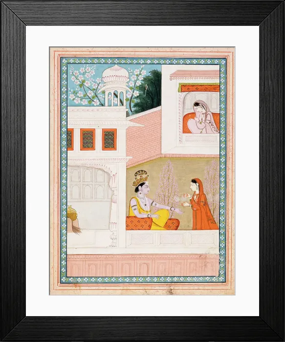 Framed Print : Krishna Talks to Radha's Maidservant, Folio from a Satsai (Seven Hundred Verses... c1825. Creator: Unknown) Framed Print : Krishna Talks to Radha's Maidservant, Folio from a Satsai (Seven Hundred Verses... c1825. Creator: Unknown)