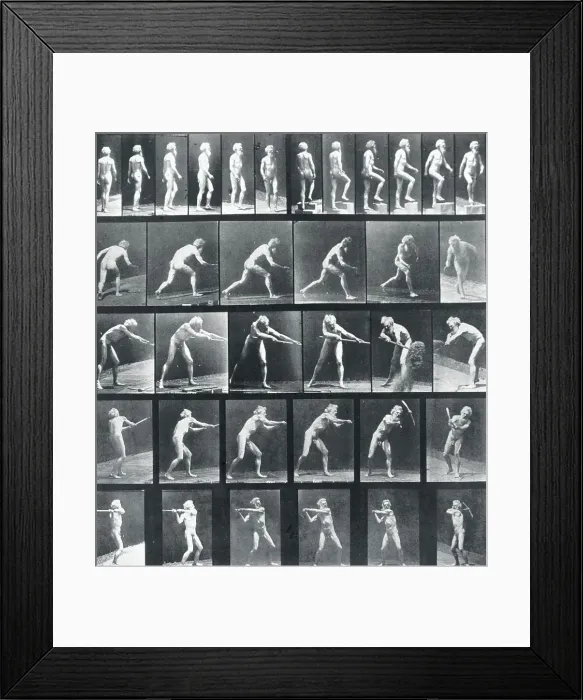 Framed Print : A: Walking. B: Ascending a Step. C: Throwing the disk. D: Using a Shovel. E, F: Using a Pick, 1887. Creator: Eadweard J Muybridge Framed Print : A: Walking. B: Ascending a Step. C: Throwing the disk. D: Using a Shovel. E, F: Using a Pick, 1887. Creator: Eadweard J Muybridge