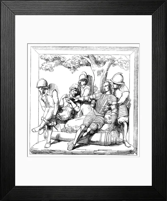 Framed Print : The New Houses of Parliament - Bas-reliefs in the Prince's Chamber - the Death of Sir... 1857. Creator: Unknown Framed Print : The New Houses of Parliament - Bas-reliefs in the Prince's Chamber - the Death of Sir... 1857. Creator: Unknown