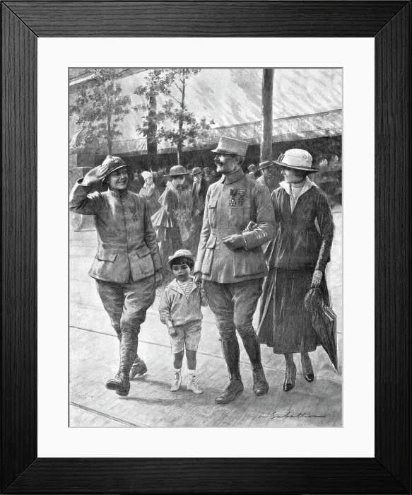 Framed Print : Son Colonel !; En permission tous les deux, un lieutenant-colonel et un jeune soldat de... 1916. Creator: Louis Remy Sabattier