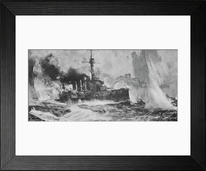 Framed Print : Au fort de la bataille Jutland ; le croiseur cuirasse Warrior riposant au feu de six... 1916. Creator: Charles Dixon. Au fort de la bataille Jutland ; le croiseur cuirasse Warrior riposant au feu de six... 1916 Framed Print : Au fort de la bataille Jutland ; le croiseur cuirasse Warrior riposant au feu de six... 1916. Creator: Charles Dixon. Au fort de la bataille Jutland ; le croiseur cuirasse Warrior riposant au feu de six... 1916
