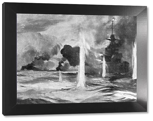 Au fort de la bataille Jutland ; Le 'Warspite' en action, 1916. Creator: Montague Dawson. Au fort de la bataille Jutland ; Le 'Warspite' en action, 1916. Creator: Montague Dawson