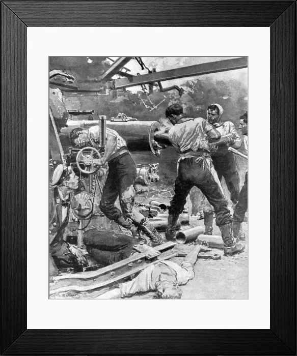 Framed Print : Au fort de la bataille Jutland ; Servant les pieces jusqu'a la fin !, 1916. Creator: Fortunino Matania. Au fort de la bataille Jutland ; Servant les pieces jusqu'a la fin !, 1916. Creator: Fortunino Matania Framed Print : Au fort de la bataille Jutland ; Servant les pieces jusqu'a la fin !, 1916. Creator: Fortunino Matania. Au fort de la bataille Jutland ; Servant les pieces jusqu'a la fin !, 1916. Creator: Fortunino Matania