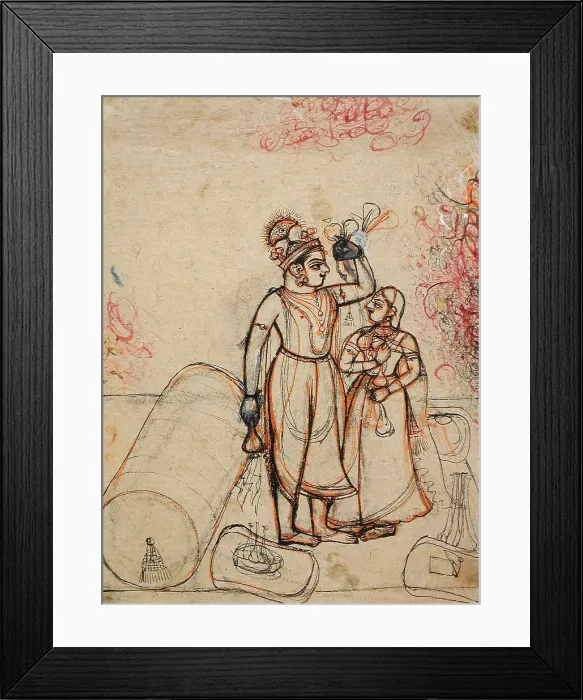 Framed Print : Prince and Princess in the Guise of Krishna and Radha Drinking on a Terrace, c1725. Creator: Unknown Framed Print : Prince and Princess in the Guise of Krishna and Radha Drinking on a Terrace, c1725. Creator: Unknown