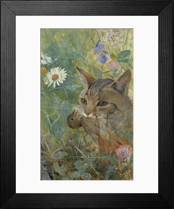 Framed Print : A Cat with a Young Bird in its Mouth. Five studies in one frame, 1885. Creator: Bruno Liljefors