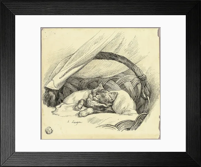 Framed Print : Cat Asleep in Basket, n.d. Creator: Auguste-Andre Lancon Framed Print : Cat Asleep in Basket, n.d. Creator: Auguste-Andre Lancon