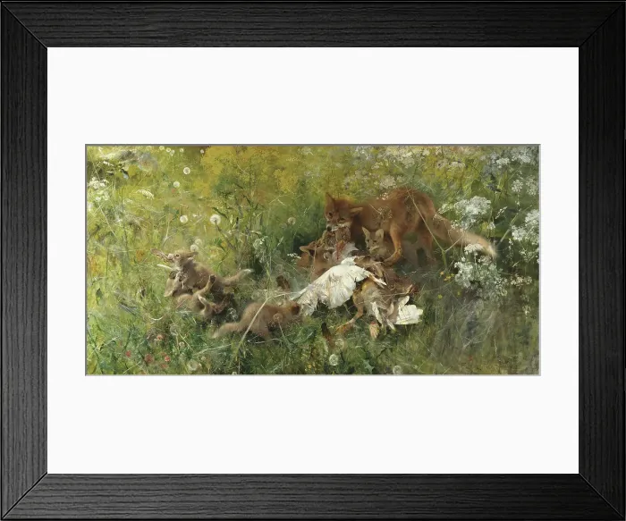 Framed Print : A Fox Family, 1886. Creator: Bruno Liljefors