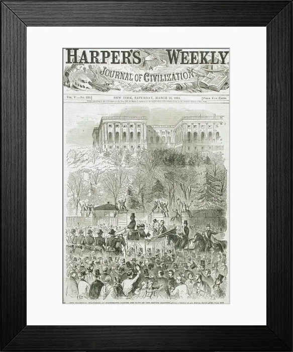 Framed Print : The Inaugural Procession at Washington, Passing the Gate of the Capitol Grounds, 1861. Creator: Unknown Framed Print : The Inaugural Procession at Washington, Passing the Gate of the Capitol Grounds, 1861. Creator: Unknown