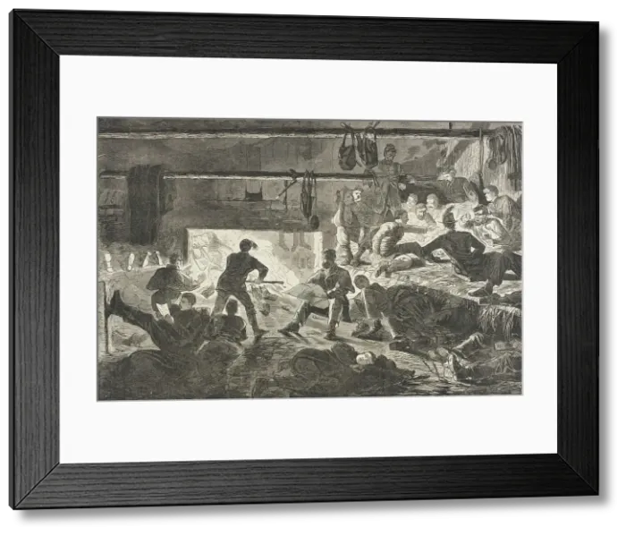 Framed Print : Winter Quarters in Camp - The Inside of a Hut, 1863. Creator: Unknown Framed Print : Winter Quarters in Camp - The Inside of a Hut, 1863. Creator: Unknown