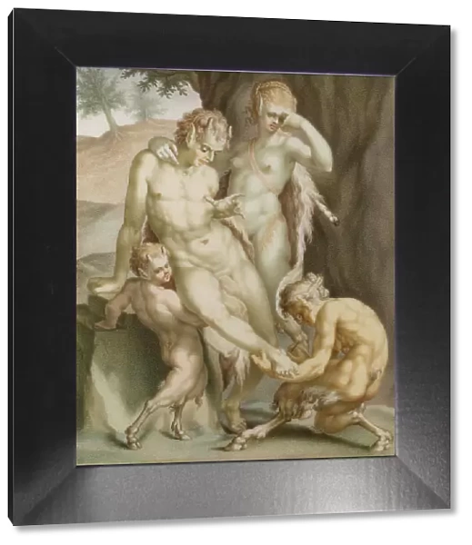 A satyr, a mean, and two fauns, busy pulling out a needle, 1713. Creator: Carl Gustav Klingstedt