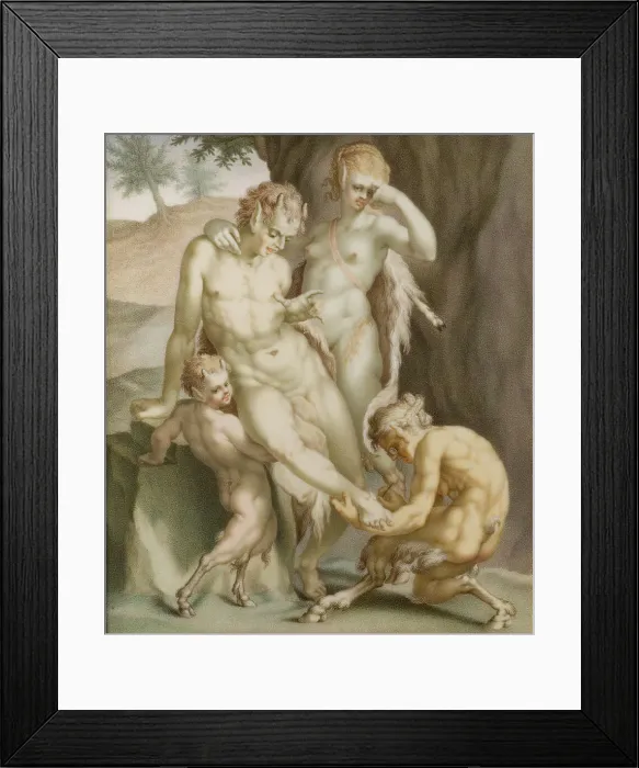 Framed Print : A satyr, a mean, and two fauns, busy pulling out a needle, 1713. Creator: Carl Gustav Klingstedt Framed Print : A satyr, a mean, and two fauns, busy pulling out a needle, 1713. Creator: Carl Gustav Klingstedt