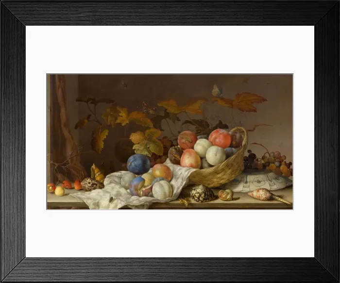Framed Print : Still life with fruit in a wicker basket, blue and white porcelain plate, vine leaves, various.... Creator: Ast, Balthasar, van der (1593 / 4-1657) Framed Print : Still life with fruit in a wicker basket, blue and white porcelain plate, vine leaves, various.... Creator: Ast, Balthasar, van der (1593 / 4-1657)
