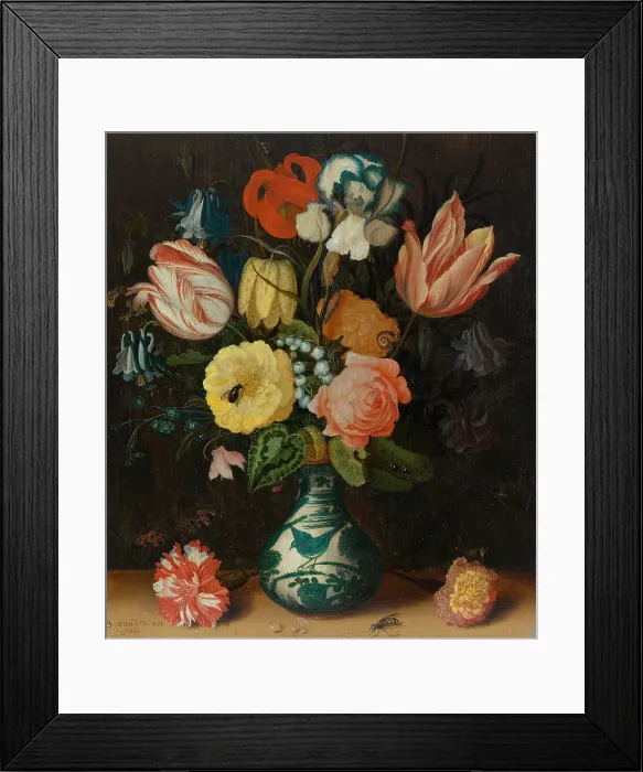 Framed Print : Still Life with Tulips, Roses and Carnations in a Wan Li Porcelain Vase with Butterfly and Insects. Creator: Ast, Balthasar, van der (1593 / 4-1657) Framed Print : Still Life with Tulips, Roses and Carnations in a Wan Li Porcelain Vase with Butterfly and Insects. Creator: Ast, Balthasar, van der (1593 / 4-1657)