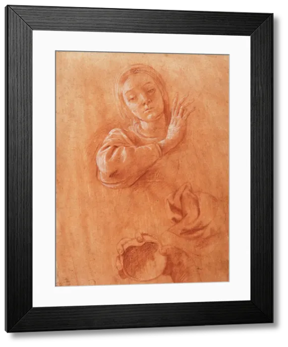 Framed Print : Studies of the Virgin, Drapery, and the Hand of Saint John the Baptist Holding a Shell, c1628. Creator: Tanzio da Varallo Framed Print : Studies of the Virgin, Drapery, and the Hand of Saint John the Baptist Holding a Shell, c1628. Creator: Tanzio da Varallo