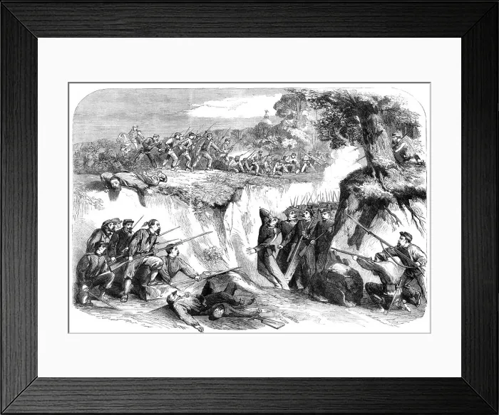 Framed Print : The Battle on the Volturno - the Neapolitan troops passing along a ravine... 1860. Creator: Unknown Framed Print : The Battle on the Volturno - the Neapolitan troops passing along a ravine... 1860. Creator: Unknown