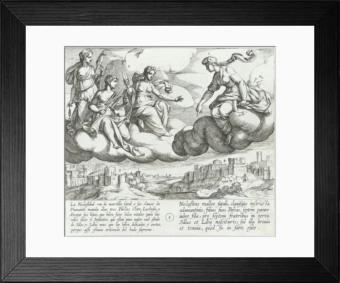 Framed Print : Necessity Commands Her Daughters, the Fates, to Weave Short and Frail Life Threads... 1612. Creator: Antonio Tempesta Framed Print : Necessity Commands Her Daughters, the Fates, to Weave Short and Frail Life Threads... 1612. Creator: Antonio Tempesta