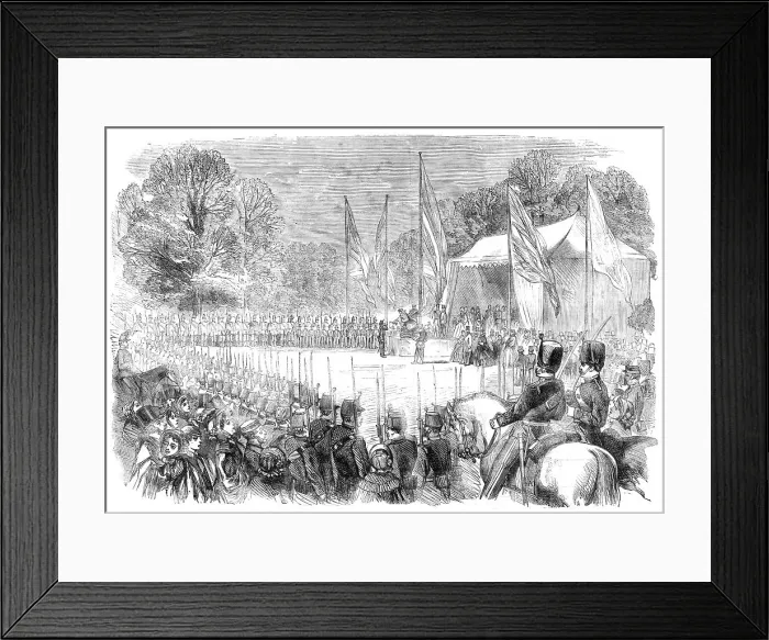 Framed Print : Presentation to the Highgate Rifle Corps of a silver bugle by Miss Burdet Coutts... 1860. Creator: Unknown Framed Print : Presentation to the Highgate Rifle Corps of a silver bugle by Miss Burdet Coutts... 1860. Creator: Unknown