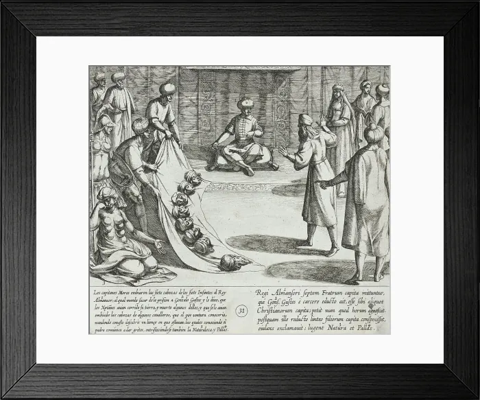 Framed Print : In the Presence of Almanzor, Gonzalo Gustos Identifies the Severed Heads of His Sons, 1612. Creator: Antonio Tempesta Framed Print : In the Presence of Almanzor, Gonzalo Gustos Identifies the Severed Heads of His Sons, 1612. Creator: Antonio Tempesta