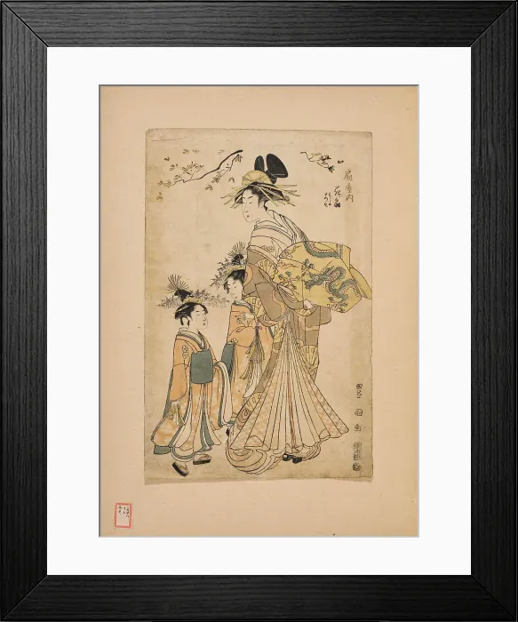 Framed Print : The Courtesan Hanaogi of the Ogiya House Attended by Two Kamuro. Creator: Toyokuni, Utagawa (1769-1825) Framed Print : The Courtesan Hanaogi of the Ogiya House Attended by Two Kamuro. Creator: Toyokuni, Utagawa (1769-1825)