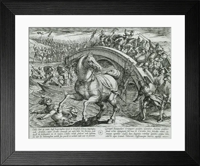 Framed Print : Civilis Forced to Dismount and Swim Across the River, Publshed 1612. Creator: Antonio Tempesta Framed Print : Civilis Forced to Dismount and Swim Across the River, Publshed 1612. Creator: Antonio Tempesta