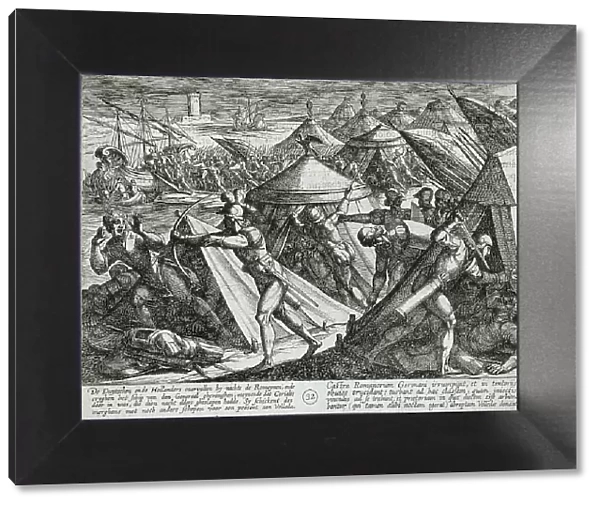 Dutch and Germans Attack the Roman Camp and Capture Cerialis Boat, Publshed 1612. Creator: Antonio Tempesta
