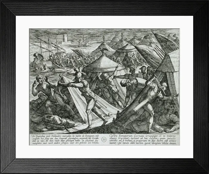 Framed Print : Dutch and Germans Attack the Roman Camp and Capture Cerialis Boat, Publshed 1612. Creator: Antonio Tempesta Framed Print : Dutch and Germans Attack the Roman Camp and Capture Cerialis Boat, Publshed 1612. Creator: Antonio Tempesta