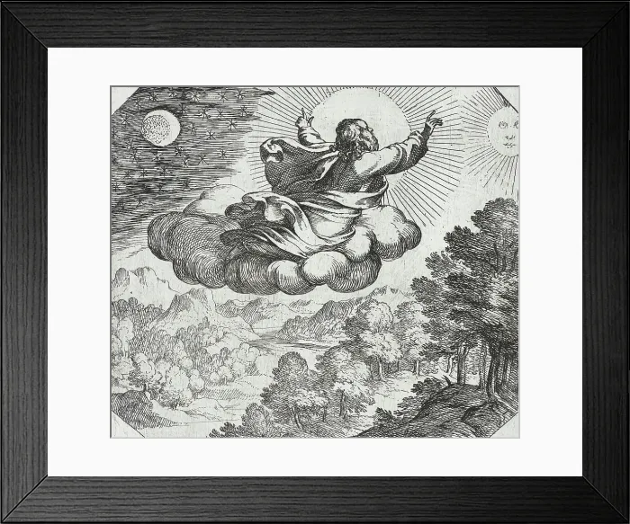 Framed Print : God Creating the Sun, the Moon, and the Stars, c1600. Creator: Antonio Tempesta Framed Print : God Creating the Sun, the Moon, and the Stars, c1600. Creator: Antonio Tempesta