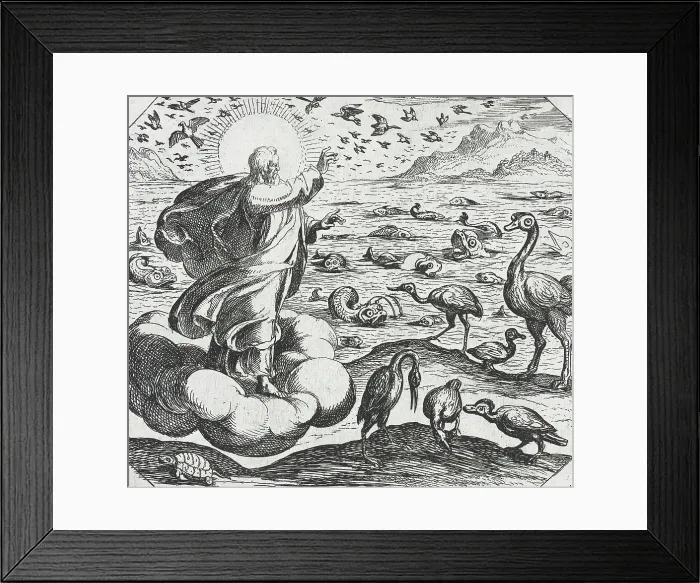 Framed Print : God Creating the Birds and the Fish, c1600. Creator: Antonio Tempesta Framed Print : God Creating the Birds and the Fish, c1600. Creator: Antonio Tempesta