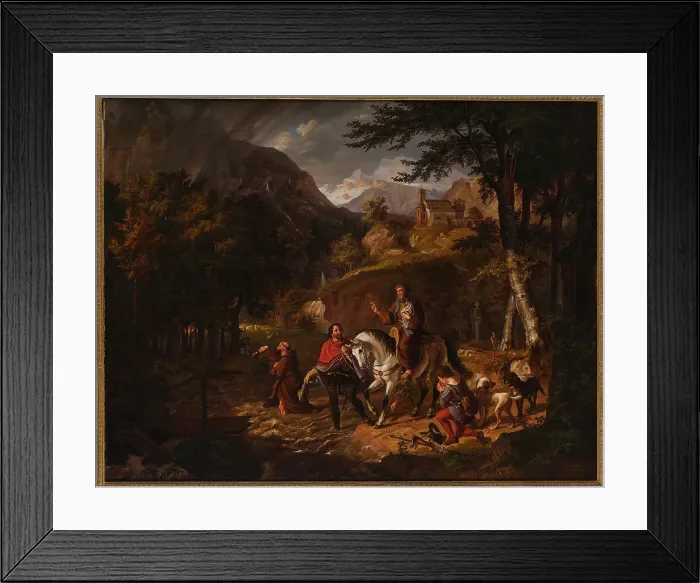 Framed Print : The Habsburg legend: Count Rudolf helps a priest over a torrent, 1830. Creator: Müller, Friedrich Wilhelm (1801-1889) Framed Print : The Habsburg legend: Count Rudolf helps a priest over a torrent, 1830. Creator: Müller, Friedrich Wilhelm (1801-1889)
