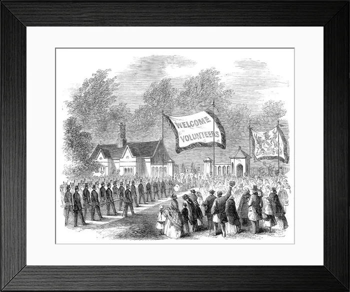 Framed Print : The Review of Lancashire Rifle Volunteers in Knowsley Park - Huyton Lodge Volunteers... 1860. Creator: Unknown Framed Print : The Review of Lancashire Rifle Volunteers in Knowsley Park - Huyton Lodge Volunteers... 1860. Creator: Unknown