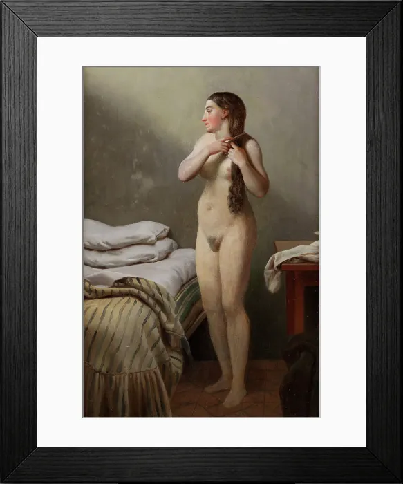 Framed Print : A female figure, standing by a bed, combs her hair, early-mid 19th century. Creator: CW Eckersberg Framed Print : A female figure, standing by a bed, combs her hair, early-mid 19th century. Creator: CW Eckersberg