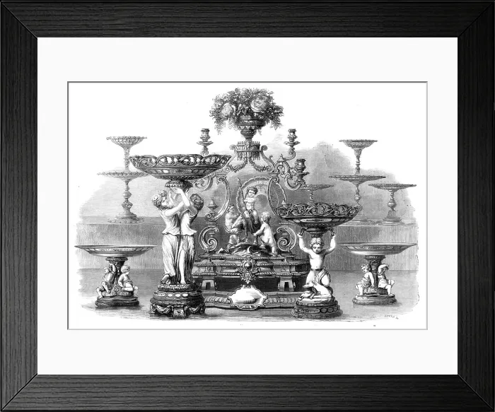 Framed Print : Magnificent service of silver plate and dessert service recently presented to Sir Samuel... 1860. Creator: Smyth Framed Print : Magnificent service of silver plate and dessert service recently presented to Sir Samuel... 1860. Creator: Smyth