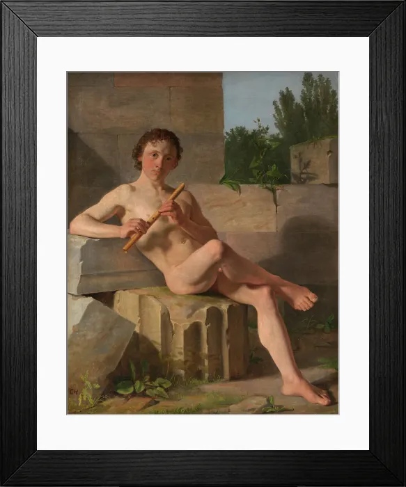 Framed Print : A Male Model Playing Flute, 1826 -1827. Creator: Constantin Hansen