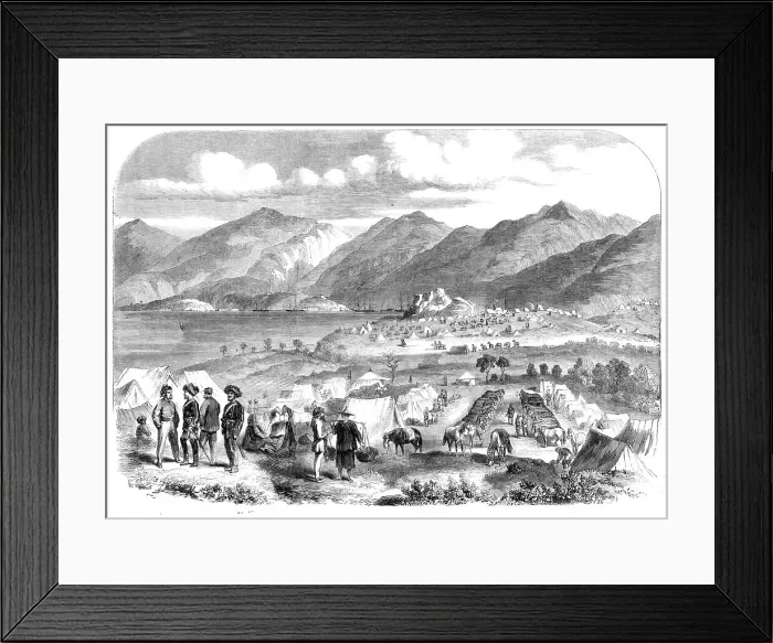 Framed Print : Camp of the Sikh Cavalry at Cowloong opposite Hong-Kong: Probyn's Horse and Fane's Horse... 1860. Creator: Unknown Framed Print : Camp of the Sikh Cavalry at Cowloong opposite Hong-Kong: Probyn's Horse and Fane's Horse... 1860. Creator: Unknown